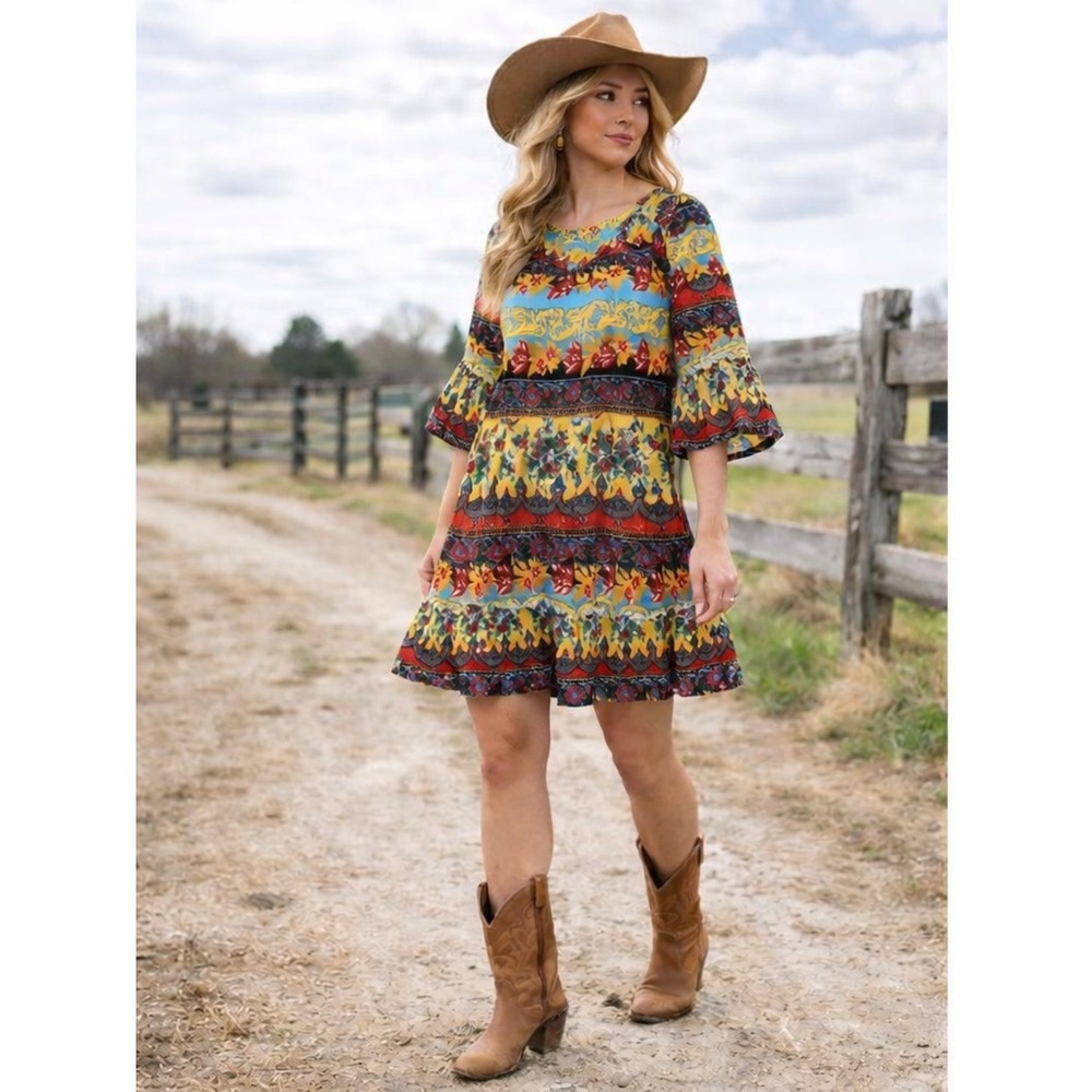 ROPER Tiered Dress Womens S Small Colorful Paisley Western Festival Cowgirl‎